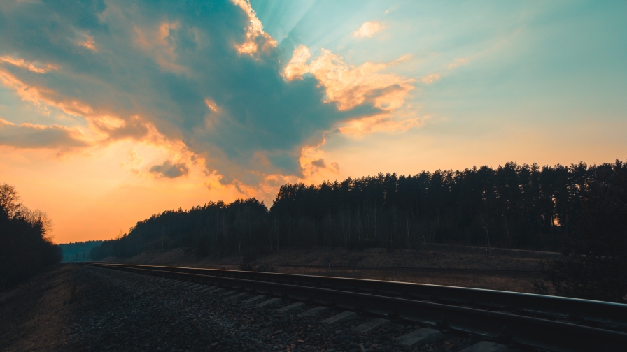 Beautiful Railroad Old Forest and Sunset