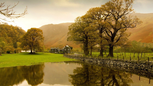 Beautiful Village and Lake with Rocks