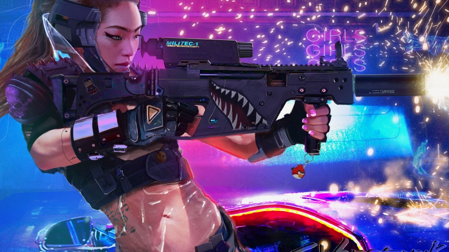 Cyberpunk 2077 Beautiful Asian Girl with Gun