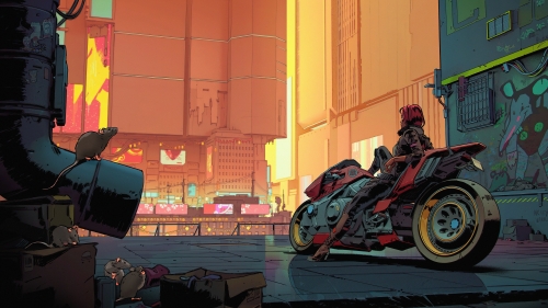 Cyberpunk 2077 Rats on the Street and Girl on Motorcycle