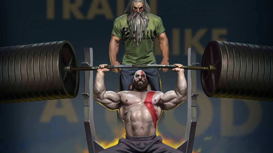 Kratos from God of War in Gym with Barbell
