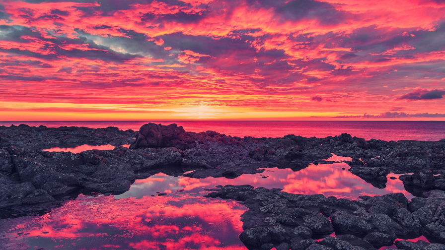 Wonderful Red Sunset and Rocks on Coast
