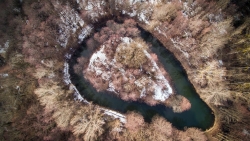 Wonderful Winter Forest and Small Lake with Island